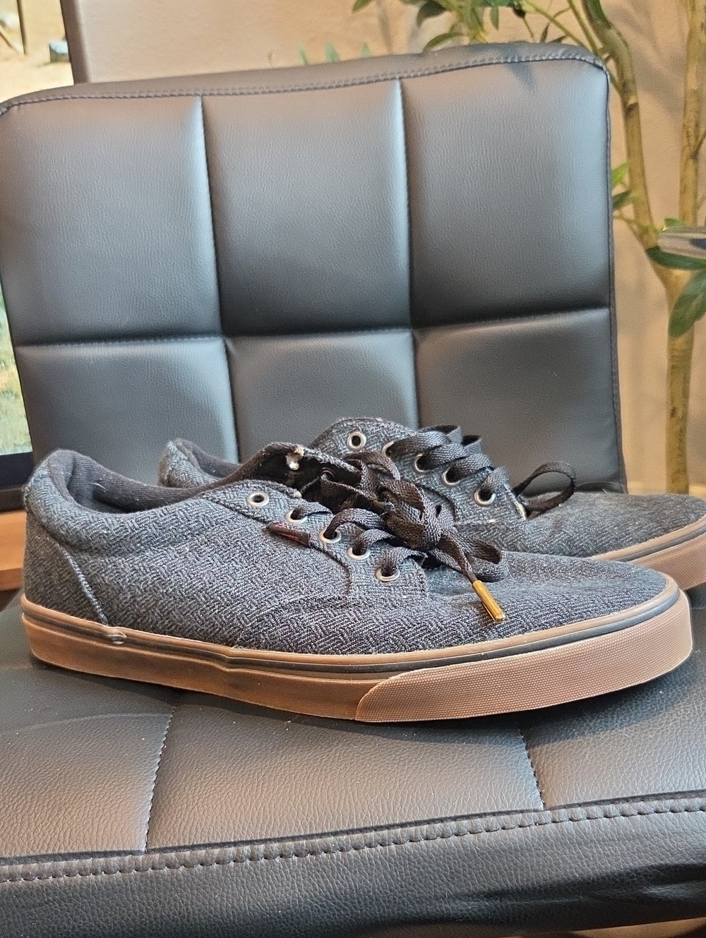 Vans Men's Dark Gray Canvas Low-Top Sneakers with Brown Sole